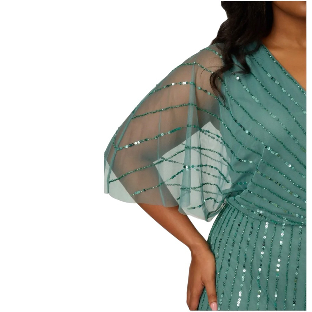 ADRIANNA PAPELL STUDIO Sequin Beaded Flutter Sleeve Cocktail Dress Green Size 20 - Picture 3 of 10